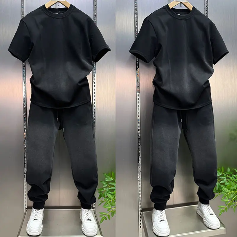 Traje casual de alta calidad para hombre, conjunto completo a la moda con top teñido, pantalones, ropa deportiva coreana de 2 piezas, holgada y cómoda.