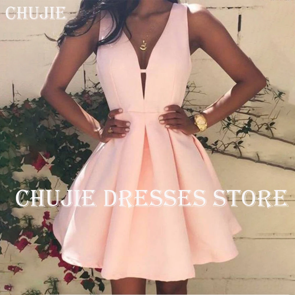 

V Neck Peach Cocktail Dress vestidos graduación adolescentes Homecoming Dresses Customized A Line Mini Evening Party Dress Gowns