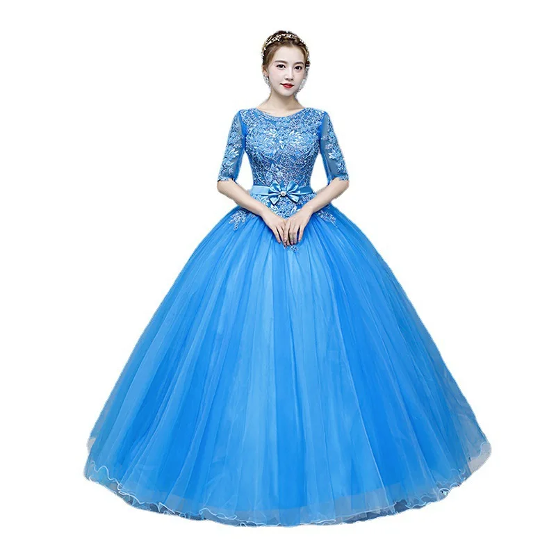 فستان بحزام الموسيقى مرحلة الأداء المنفرد أنثى نمط طويل الأداء نفخة فستان جديد استوديو المضيف أنيقة فستان سهرة كبير #5