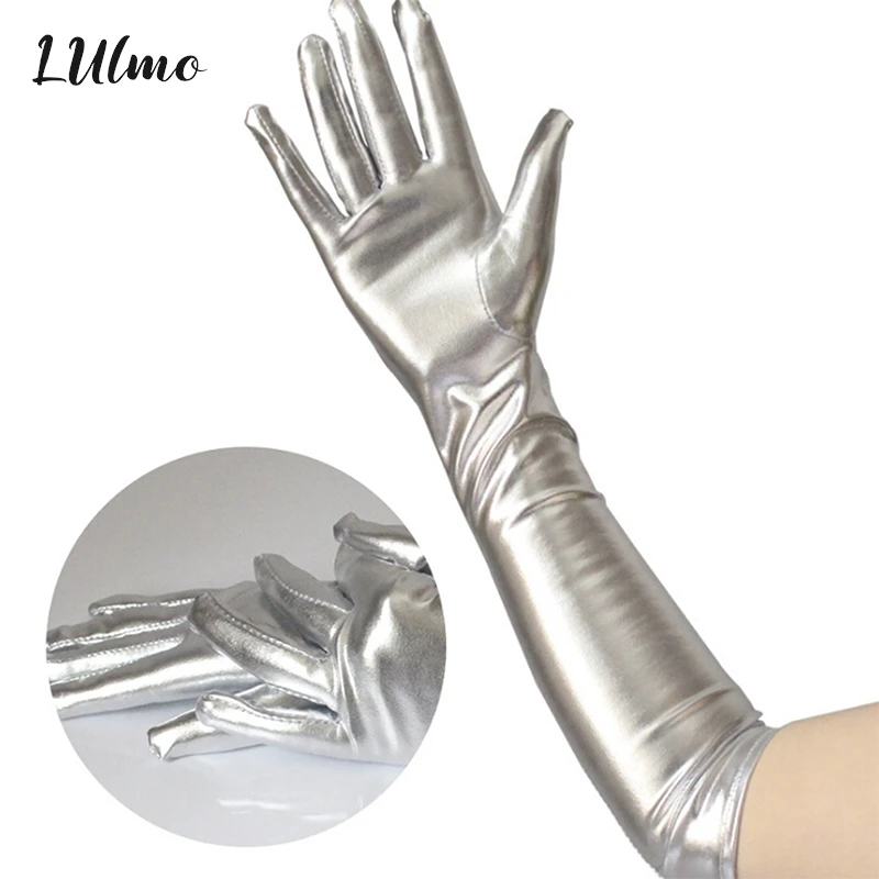 

Gold Silver Wet Look Fake Leather Metallic Gloves Evening Party Performance Mittens Women Sexy Elbow Length Long Latex Gloves