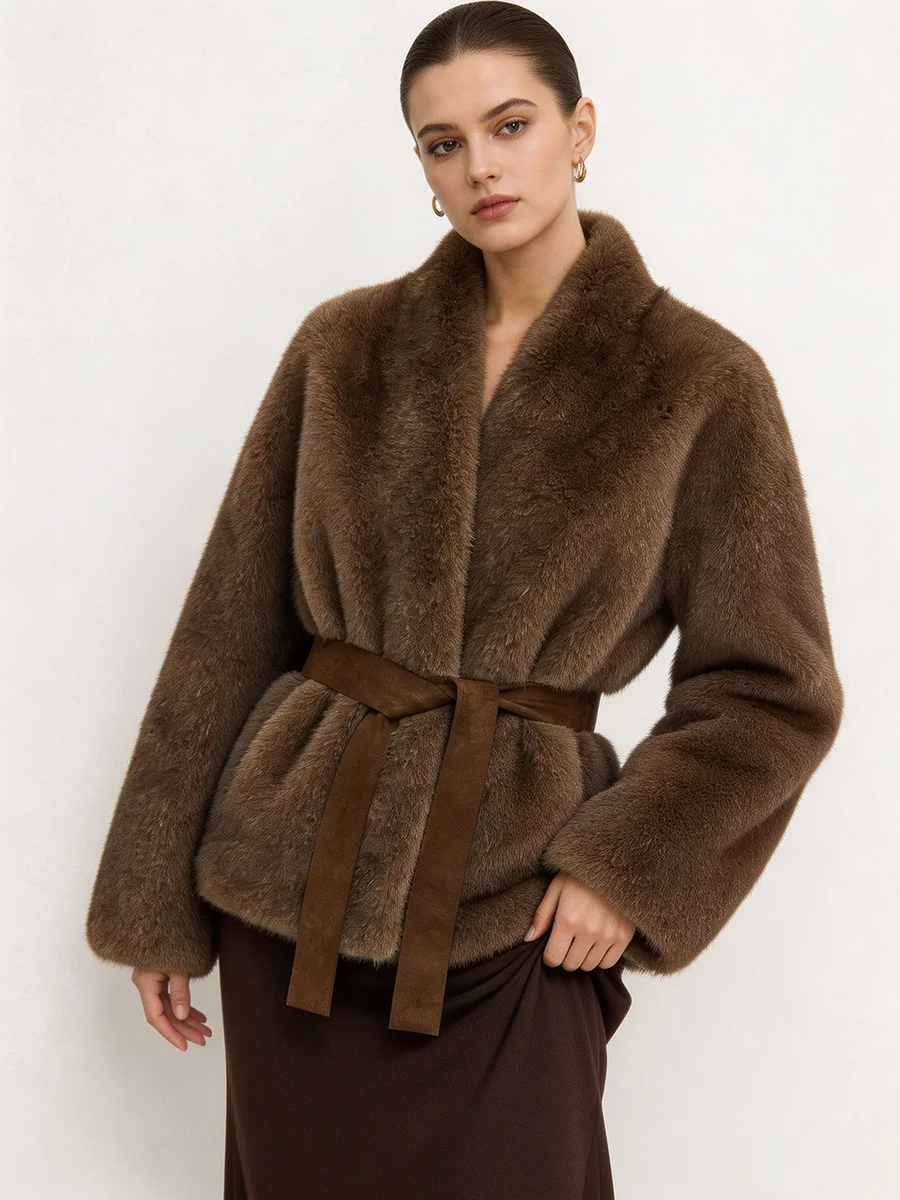 Women's Plush Faux Fur Coat Belted Shawl Collar Thick Warm Winter Jacket Luxe Elegant Chic Fashion Outerwear