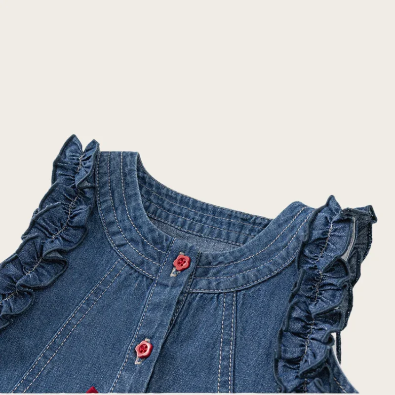 1-7 Y ملابس أطفال كورية 2025 فستان رائع من قماش الدنيم القطني للفتيات الصغيرات مع حواف من الدانتيل أنيق ومريح #4