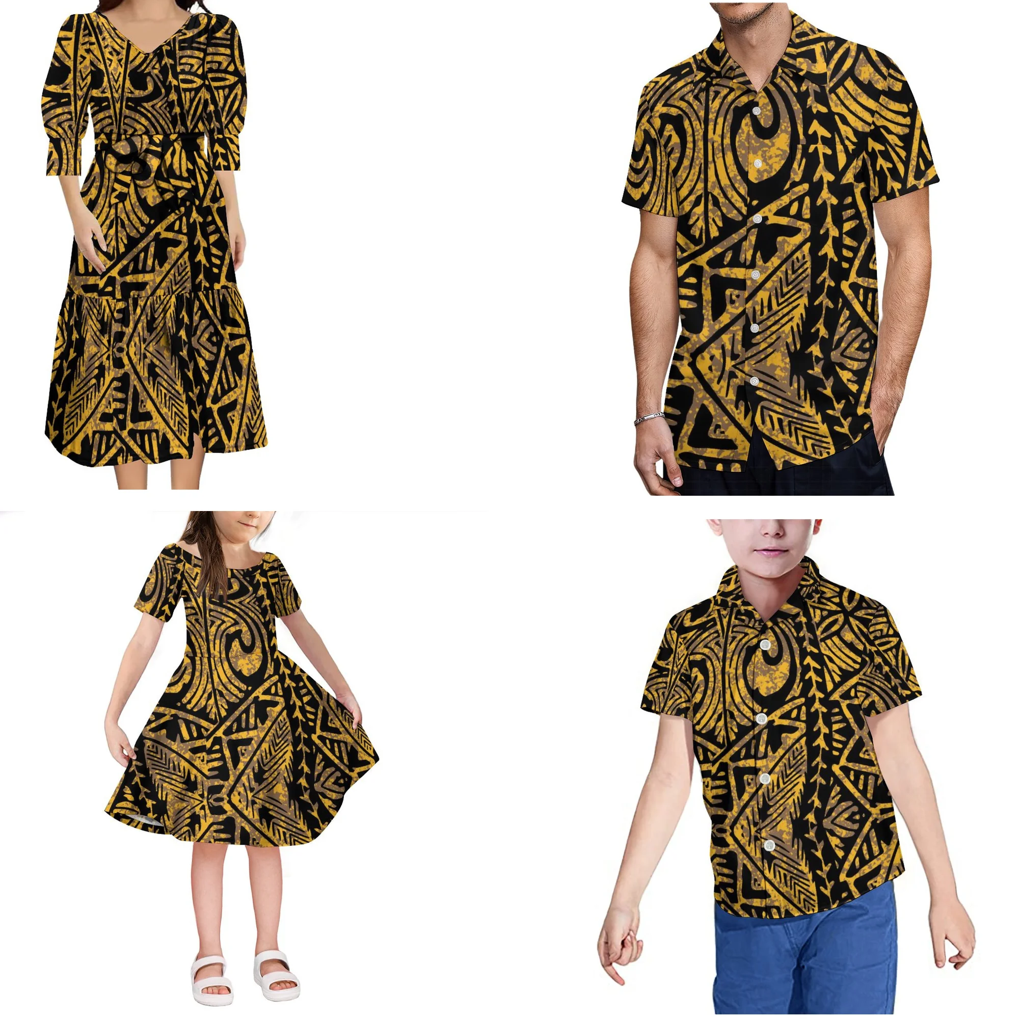 4Pcs Clothing Family Clothes Girls Polynesian Matching Set Summer Dress T-Shirt Tribal Sets New Parent-Child Outfit