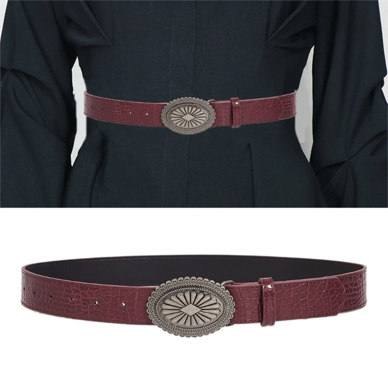 

Adjustable Length Waist Belt with Metal Carved Buckle Adult Waistband PU Belts for Ethnic Costume Wear Resistant