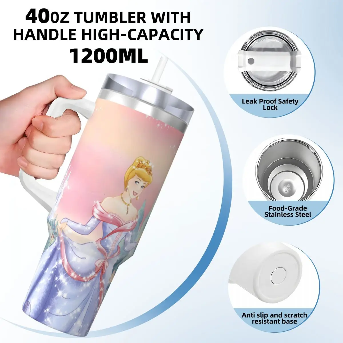 Stainless Steel Tumbler MINISO Cinderella Cartoon Mug Cup With Straws Travel Cold Drink Water Bottle Keep Heat 40oz Thermal Cups