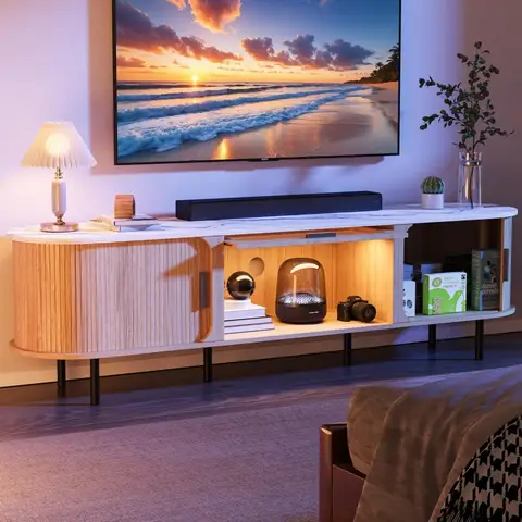70 Fluted TV Stand for 80/75/65/50 Inch TV with LED Lights & Marble Top, Mid-Century Entertainment Center with Sliding Doors, Mo