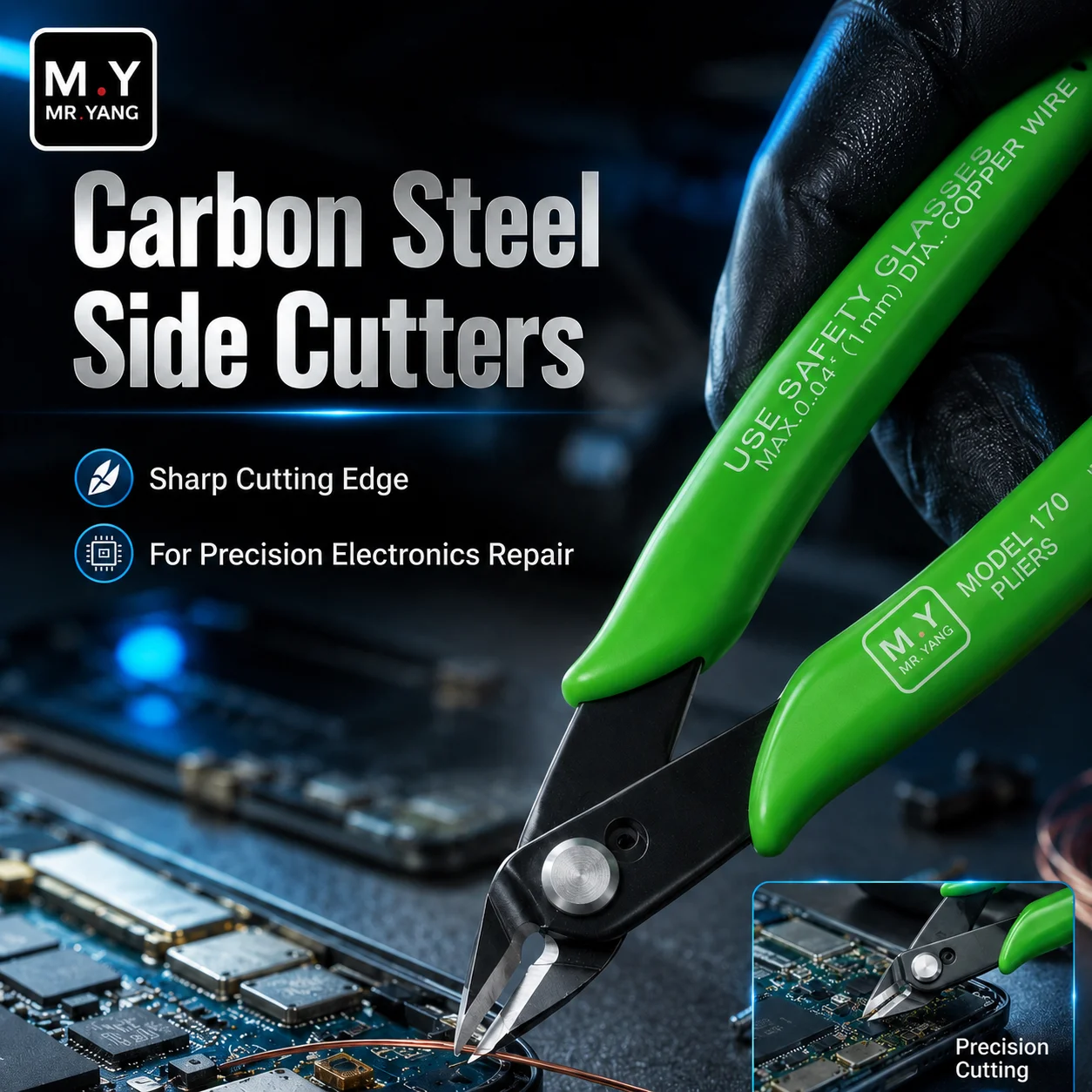 

MR.YANG MY 170 Precision Side Cutting Pliers, Carbon Steel Flush Cutter for Electronics PCB Repair Copper Wire Cutting