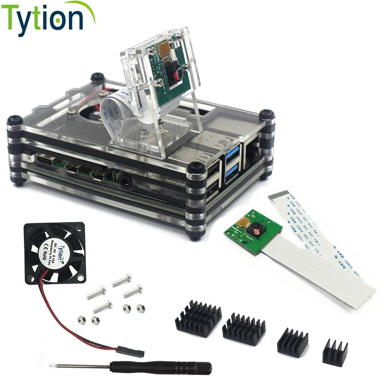 Raspberry Pi 4 B Case Support Camera Installation With Heatsinks + Camera Case Holder + Cooling Fan +9-layer Acrylic Case+Camera