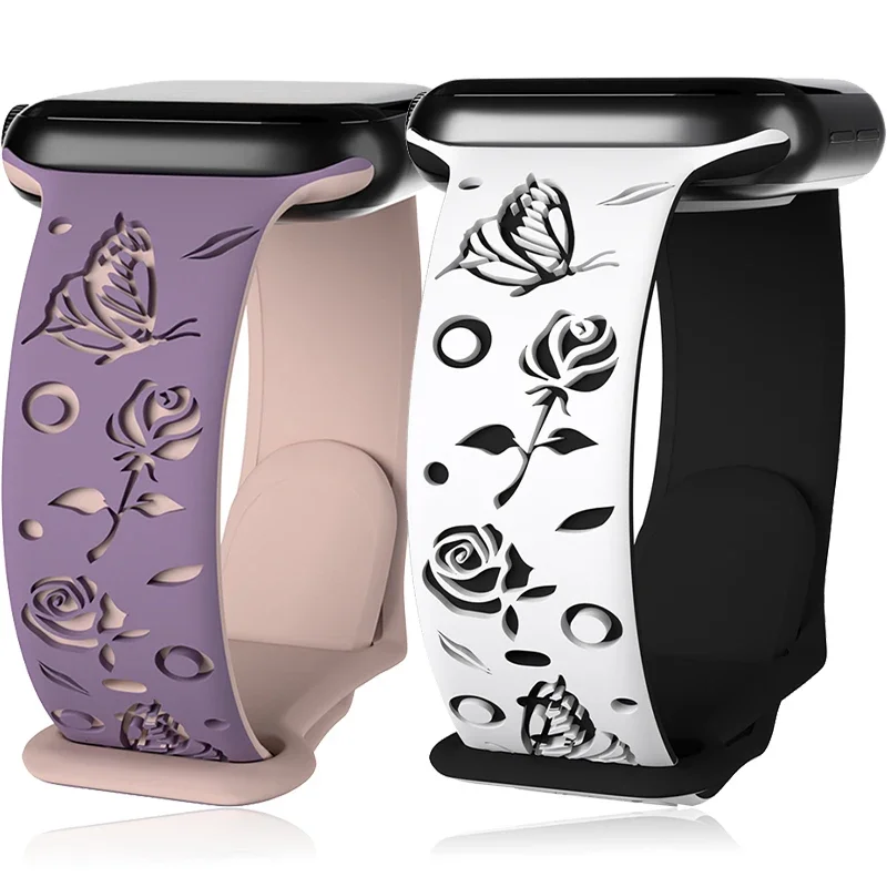 Silicone Strap for Apple Watch Ultra Band 46mm 45mm 49mm 44mm 40mm 41mm 42mm Butterfly Engraved Bracelet for IWatch 10 9 8 7 6 5