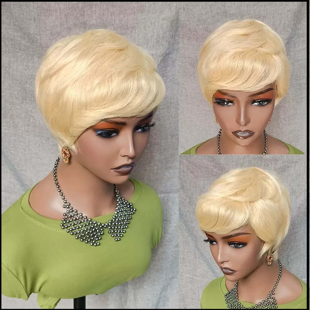 613 Pixie Cut Wig Human Hair Wig with Bangs #613 light blonde short costume wigs for women