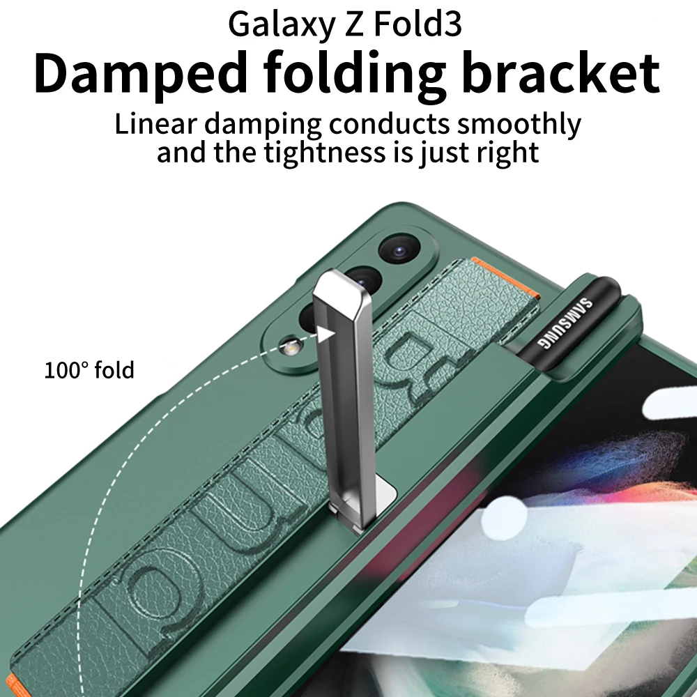 Magnetic Pen Holder Protective Case For Samsung Galaxy Z Fold 5 4 3 Case Shockproof Hinge Case With Wrist Strap For ZFold5 Fold4