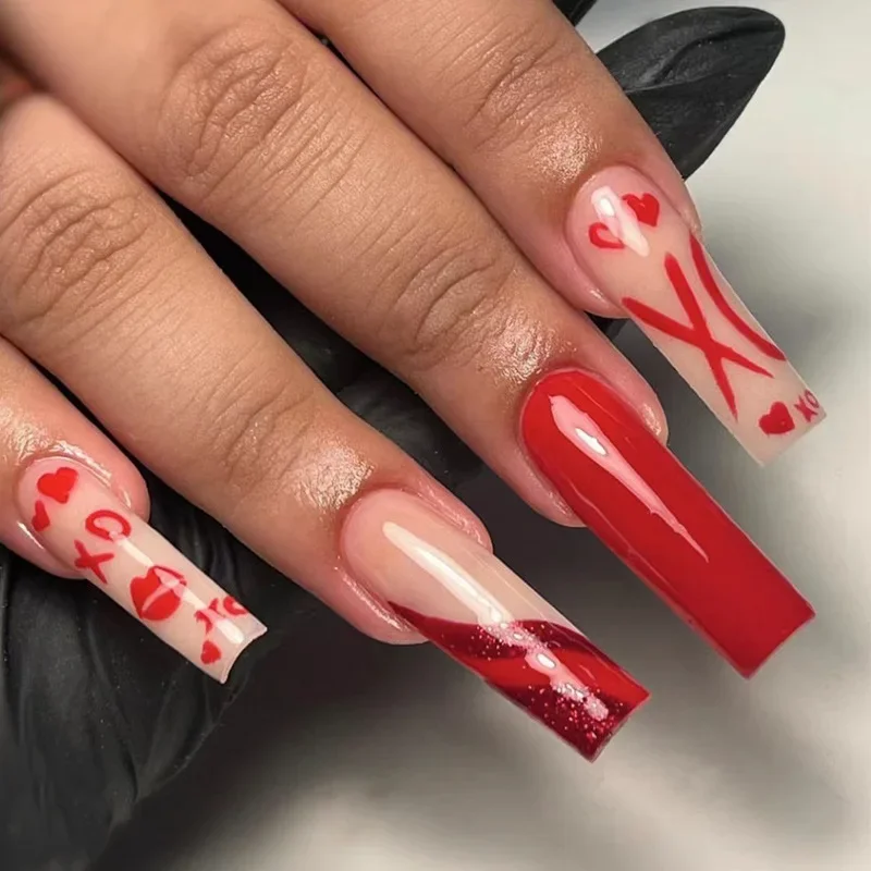 Perla amor corazón rojo vino gradiente Día de San Valentín Extra largo Ballet uñas postizas arte encanto presione en las uñas HERRAMIENTA DE MANICURA