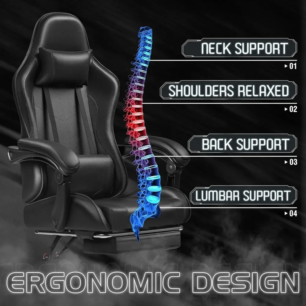 Chaise ergonomique de jeu vidéo avec repose-pieds et support lombaire de massage, chaise d'ordinateur réglable recommandée