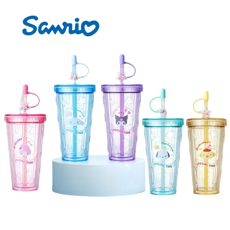 

Sanrio Cinnamoroll Straw Cups Kuromi Coffee Cup Melody Sports Pom Pom Purin Pochacco 420ml Plastic Kettle Gift Anime Perimeter