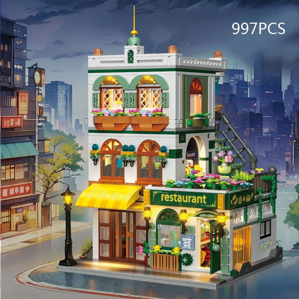 

City Street View Architecture Mini Block Streetscape Restaurant Model Building Brick Construction Toy Collection With Light