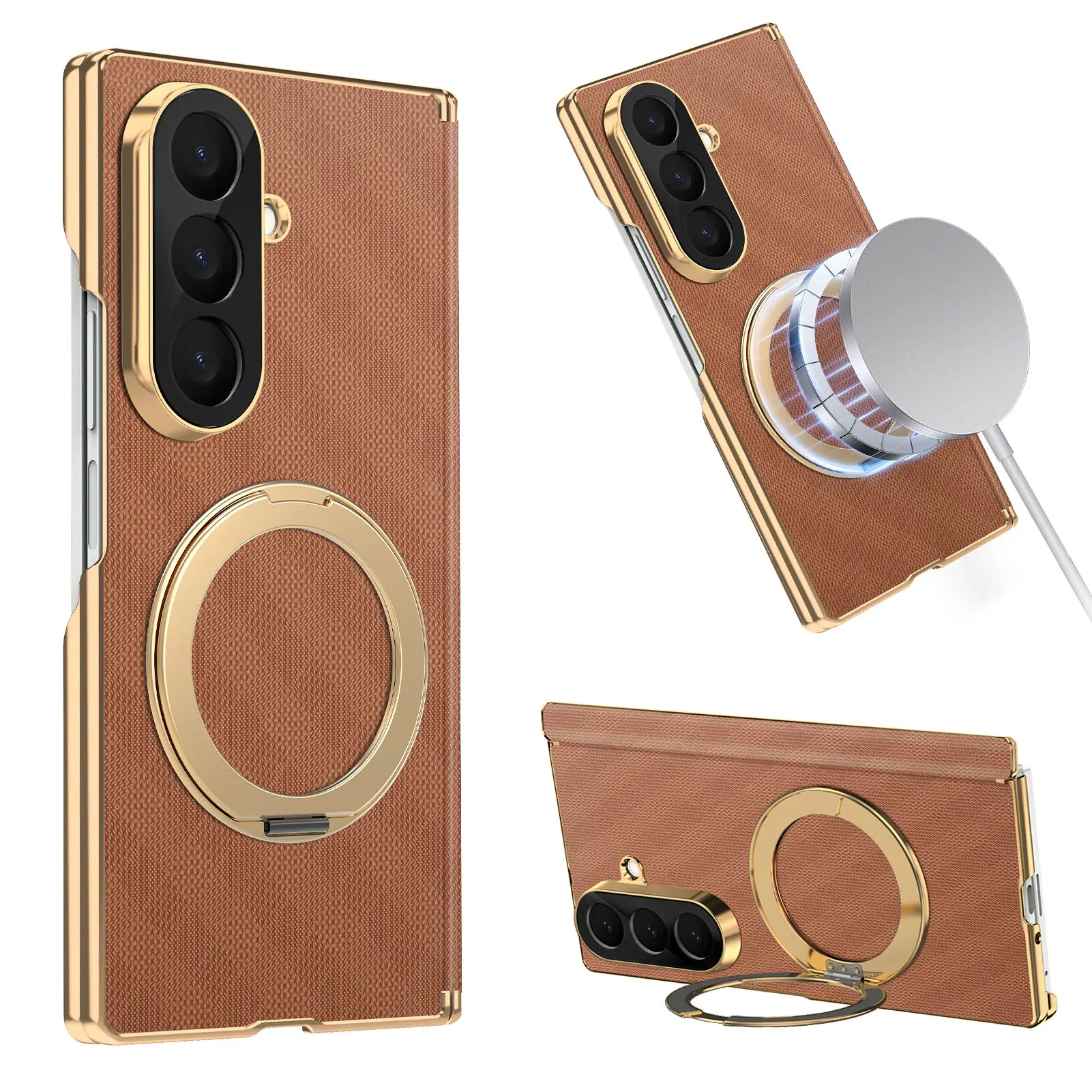 Luxury 360 Rotating Magnetic Kickstand Skin Feel Leather Case for Samsung Z Fold8 Ultra 7 6 Shockproof for Magsafe Slim Cover