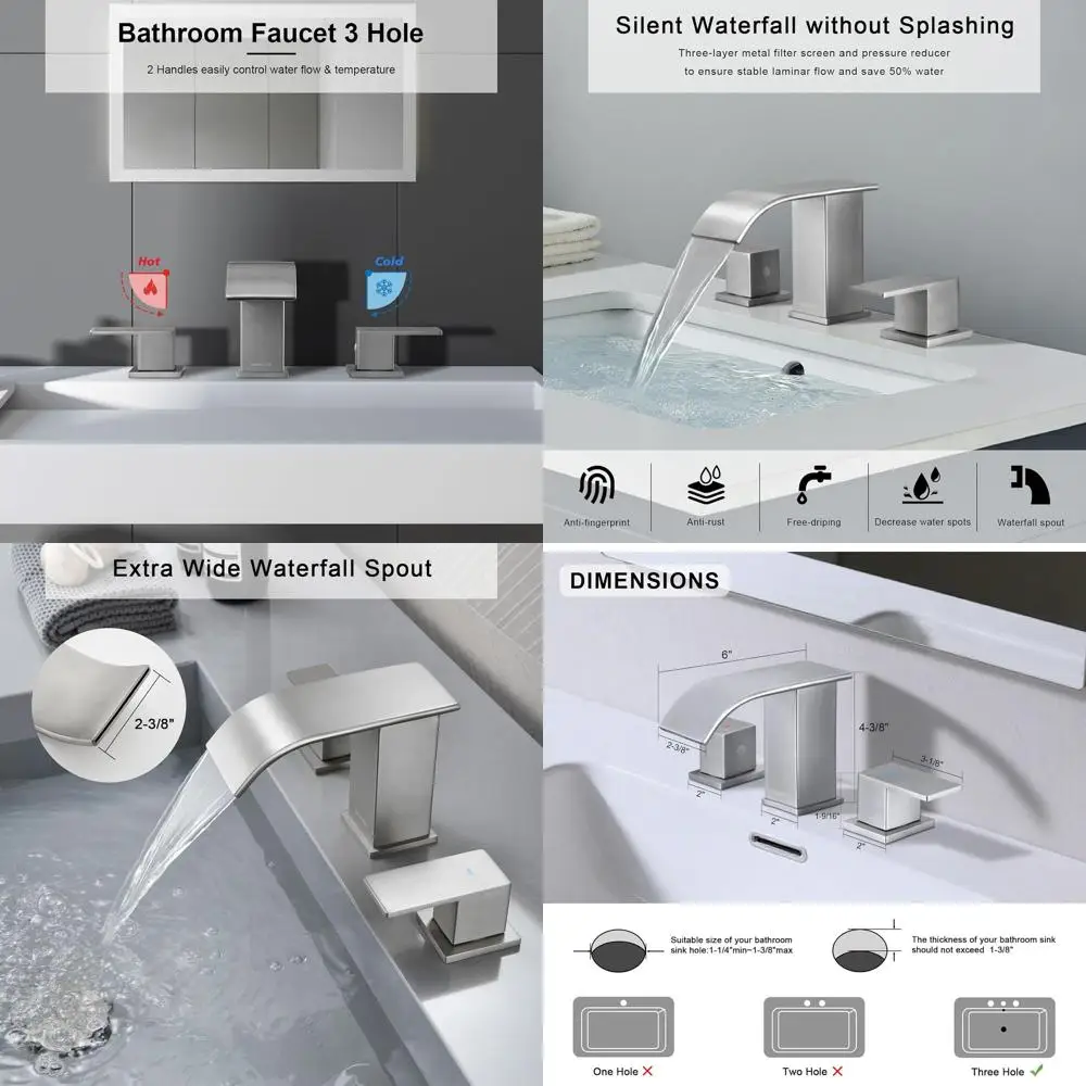 

8 3-Hole Brushed Nickel Waterfall Faucet with Overflow, Pop-Up Drain, and cUPC Hose for Bathroom Sink Vanity