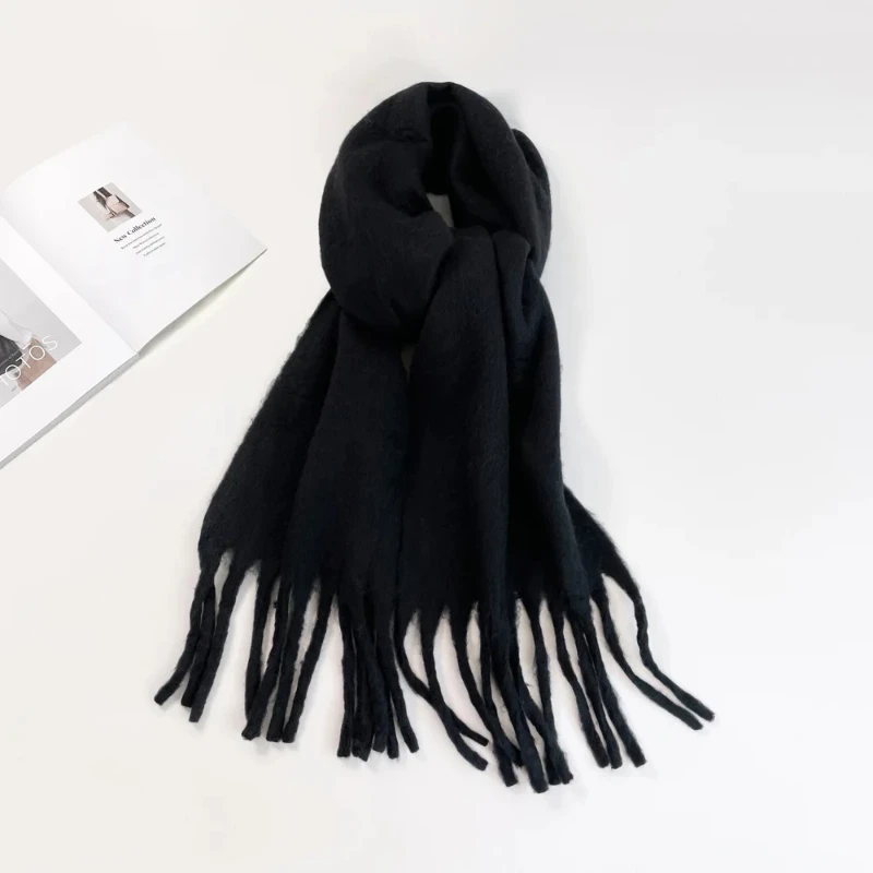 210*40cm Solid Black Women\'s Scarf Winter Fashion Versatile Large Shawl Cashmere Bandana Warm Thick Soft Big Tassel Women Scarf