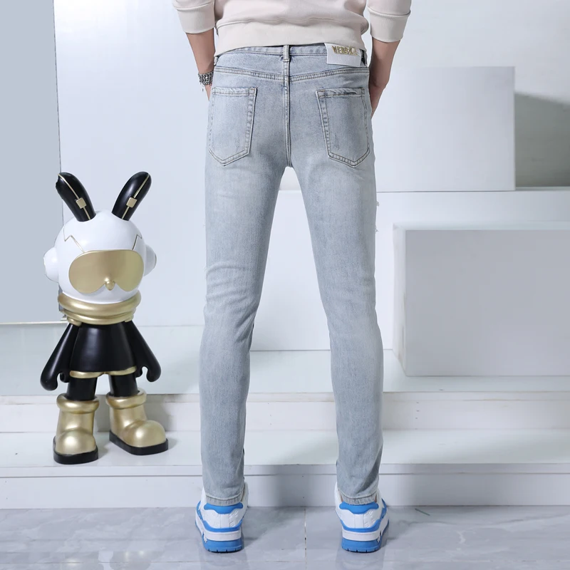 Trendy Versatile Ripped Pants Men's Jeans Fashion Street Korean Style Tight Stretch Soft and Comfortable Casual Pants