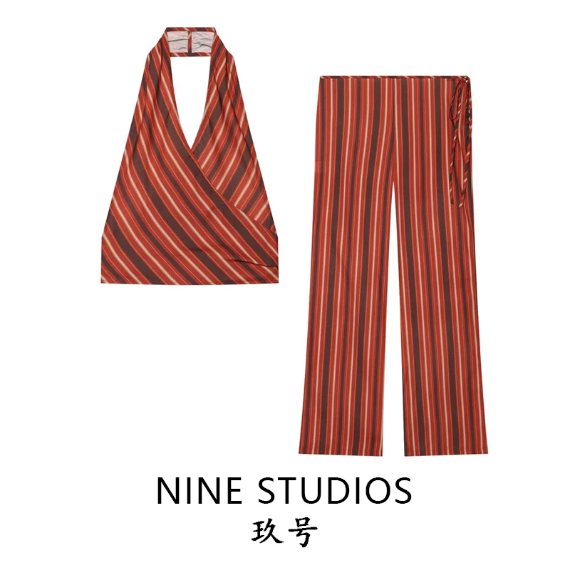 Conjunto de moda para mujer de la marca NINE ZAR: pantalones rectos a rayas, top con espalda descubierta y cuello, cintura media, atuendo de verano, marca china.