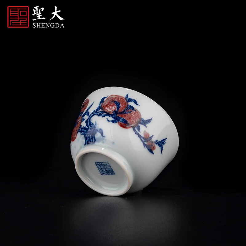 |and white underglaze red longevity peach straight mouth cup Jingdezhen pure hand-painted high-grade tea set tea cup