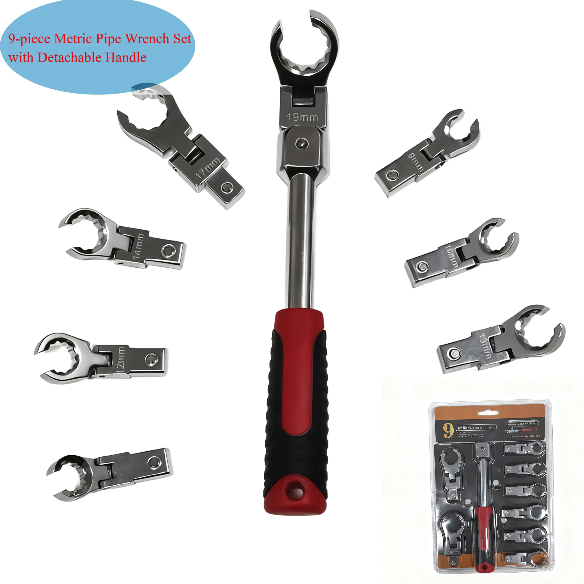 Set combinato di chiavi per tubi dell'olio a cricchetto con testa intercambiabile da 9 pezzi 180 °   Girevole Staccabile e Metrico 9-19MM 9 Pezzi