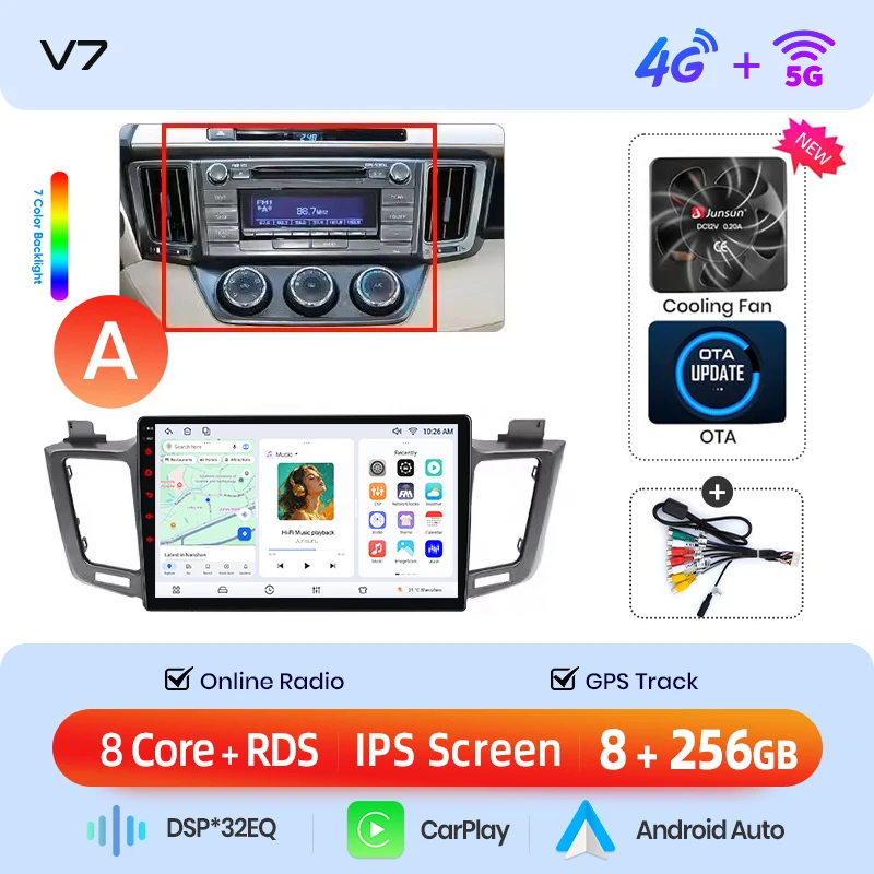 Junsun draadloze CarPlay Android Auto autoradio voor Toyota RAV4 (XA40) 2012-2018 met ingebouwde koelventilator, Android GPS navigatie, multimediaspeler, WiFi, DSP, RDS, BT, SWC, IPS touchscreen,