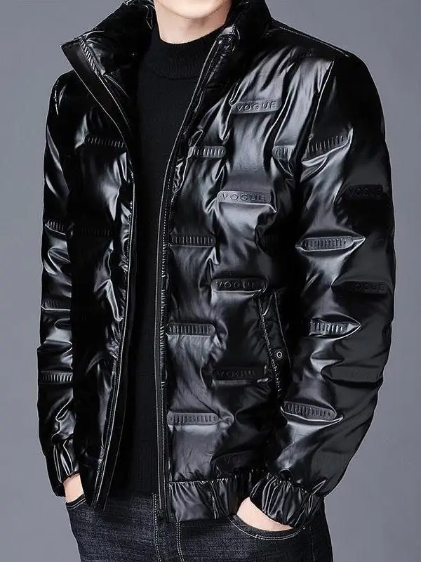 반짝이는 표면 경량 두꺼운 짧은 면 재킷 남성용 스탠드 칼라 겨울 아우터 패셔너블한 한국 스타일 코트