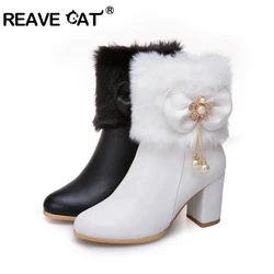 REAVE CAT Womens Ankle boots Tassel Bowtie Lovely Lolita Fashion High Heel White Black Fur Ladies Party Shoes