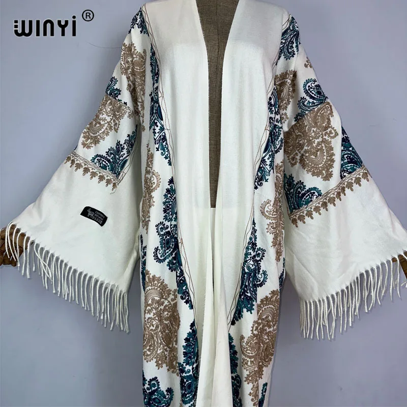 WINYI Donne di Inverno nappa Pashmina Ricamo Cappotto Lungo donna musulmana abiti abito abaya dubai lusso Medio Oriente Femminile KIMONO