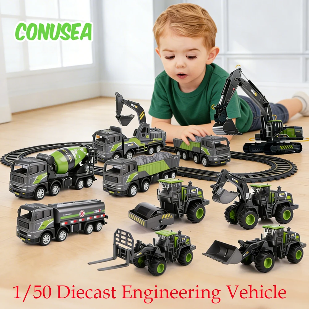 1/50 Kids Excavator Engineering Vehicle Bulldozer Car Diecast Model Simulation Alloy Head Dumper Truck Crane Tanker Toys for Boy