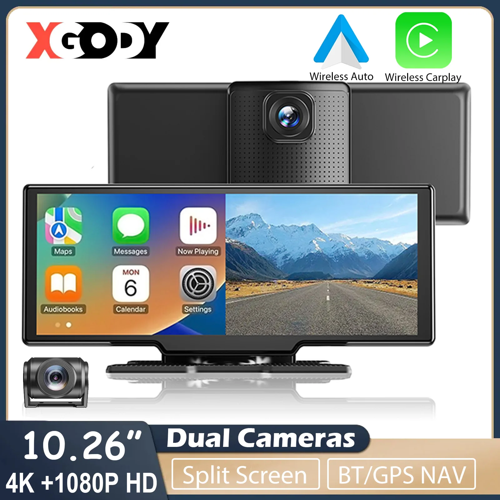 

XGODY 4K 10.26" Wireless CarPlay Monitor Dash Cam Driver Recorder Night Vision Built-in GPS WiFi Car DVR G-sensor 24H Parking