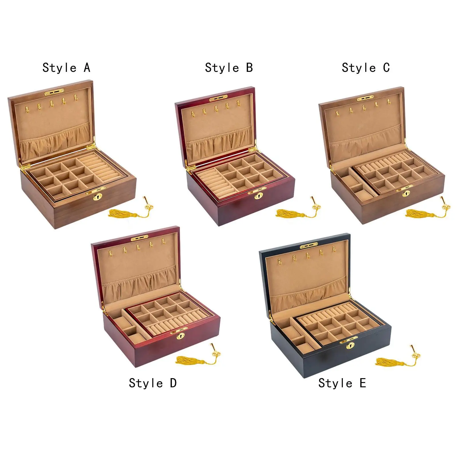 Wooden Jewelry Box Jewelry Storage Box with Lock & Key 2 Layer Solid Wood Trinket Box for Rings Necklaces Bracelets Container