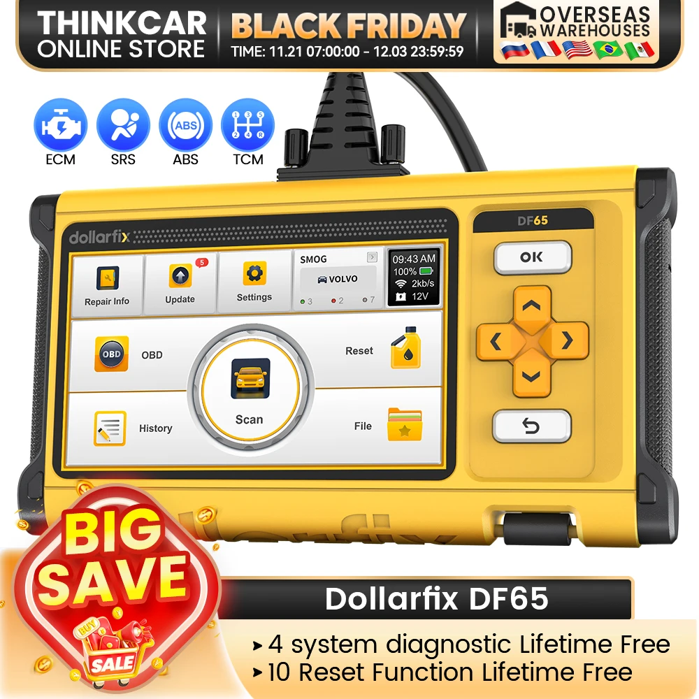 Dollarfix DF65 OBD2 diagnostic tool Auto scanner tool 4 system ABS SRS TCM ECM 10 reset DPF function code reader lifetime free