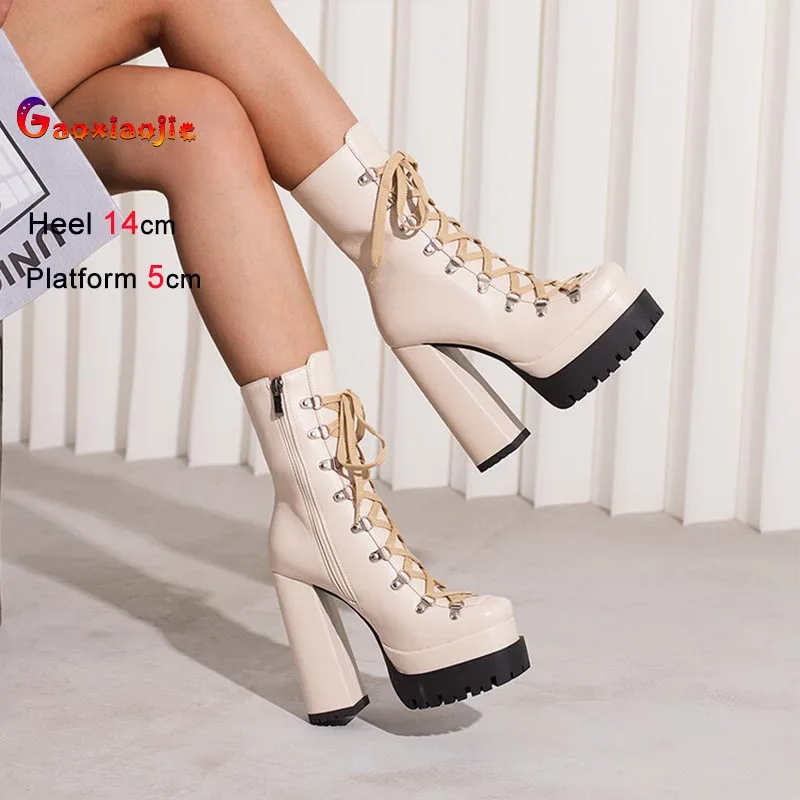 

New 14CM High Heels Women's Short Boots Fashion Thick Soled Coarse Heel Lace Up Mid-calf Boots Warm Short Plush Ankle Boots CD