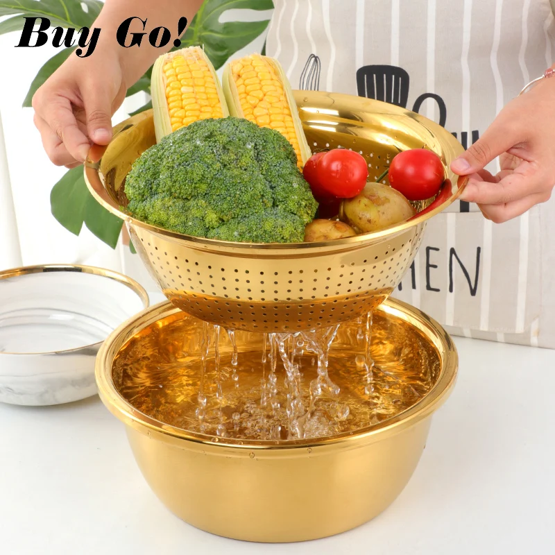 3PCS/Set Stainless Steel Gold Vegetable Slicer Potato Peeler Round Bowl Strainer Basket Set Kitchen Utensils Carrot Onion Grater