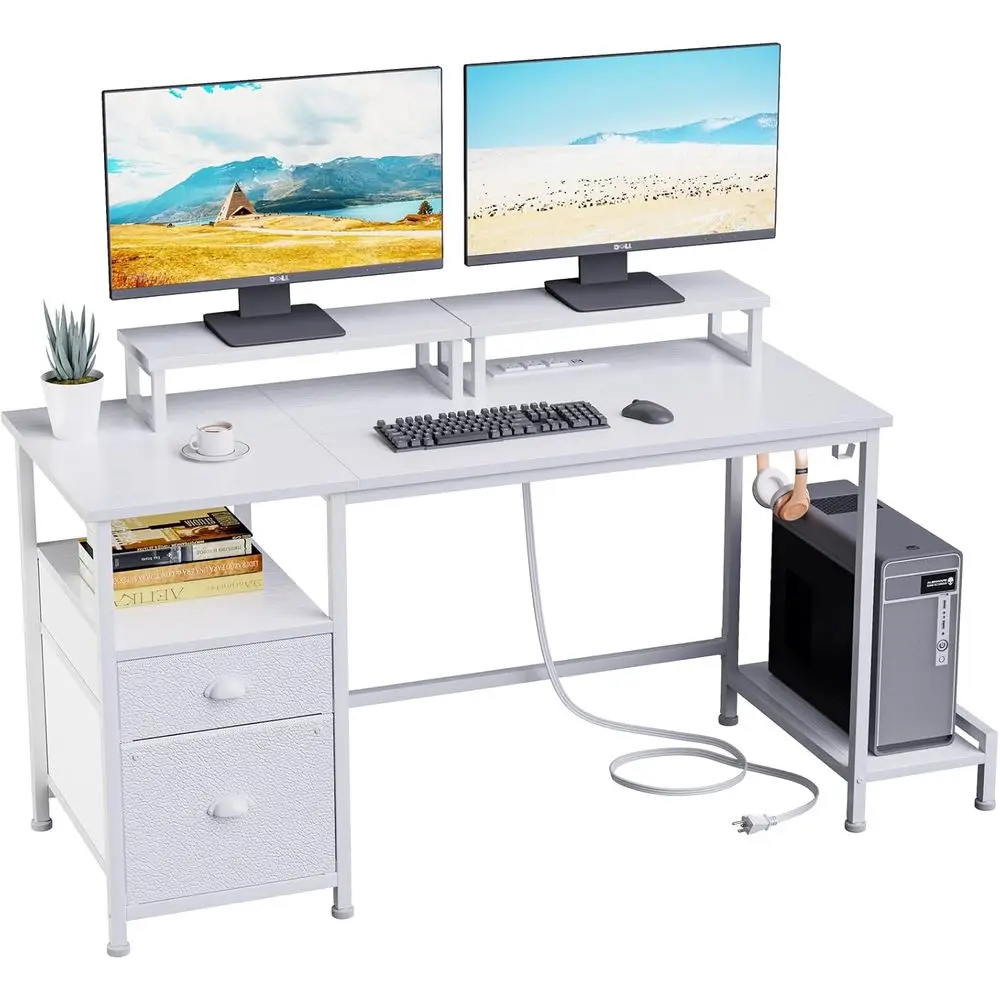 

47" Computer Desk with ile Cabinet and Power Outlets, Home Oice Desk with 2 Monitor Stands and Storage Der, Writing Gaming Table