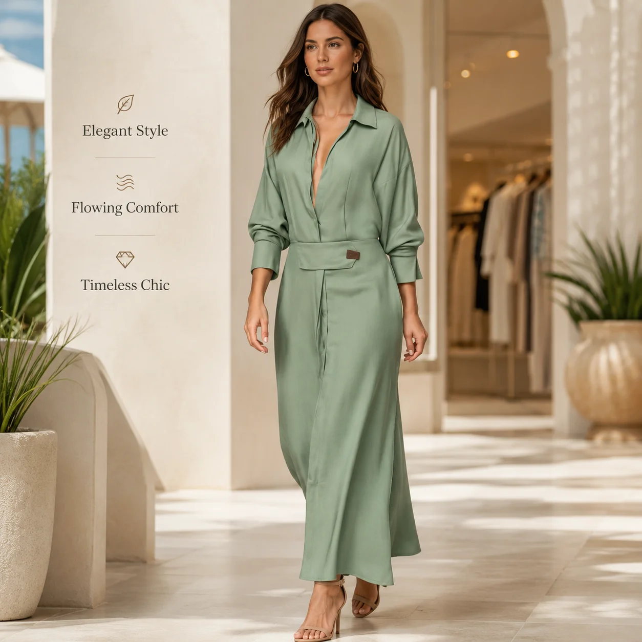 Women Autumn Solid V Neck Shirt Midi Dress Long Sleeve Belted Waist Commuting Loose A Line Dress