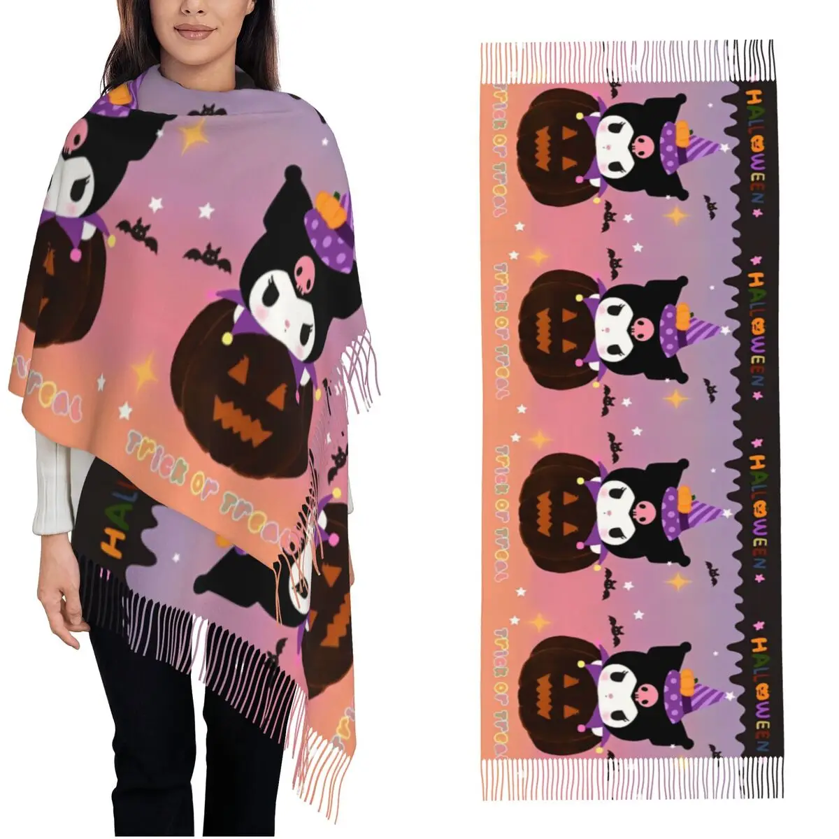 Women's Tassel Scarf Kawaii Kuromi Halloween Pumpkin Long Super Soft Shawl and Wrap Trick or Treat Daily Wear Pashmina Scarves