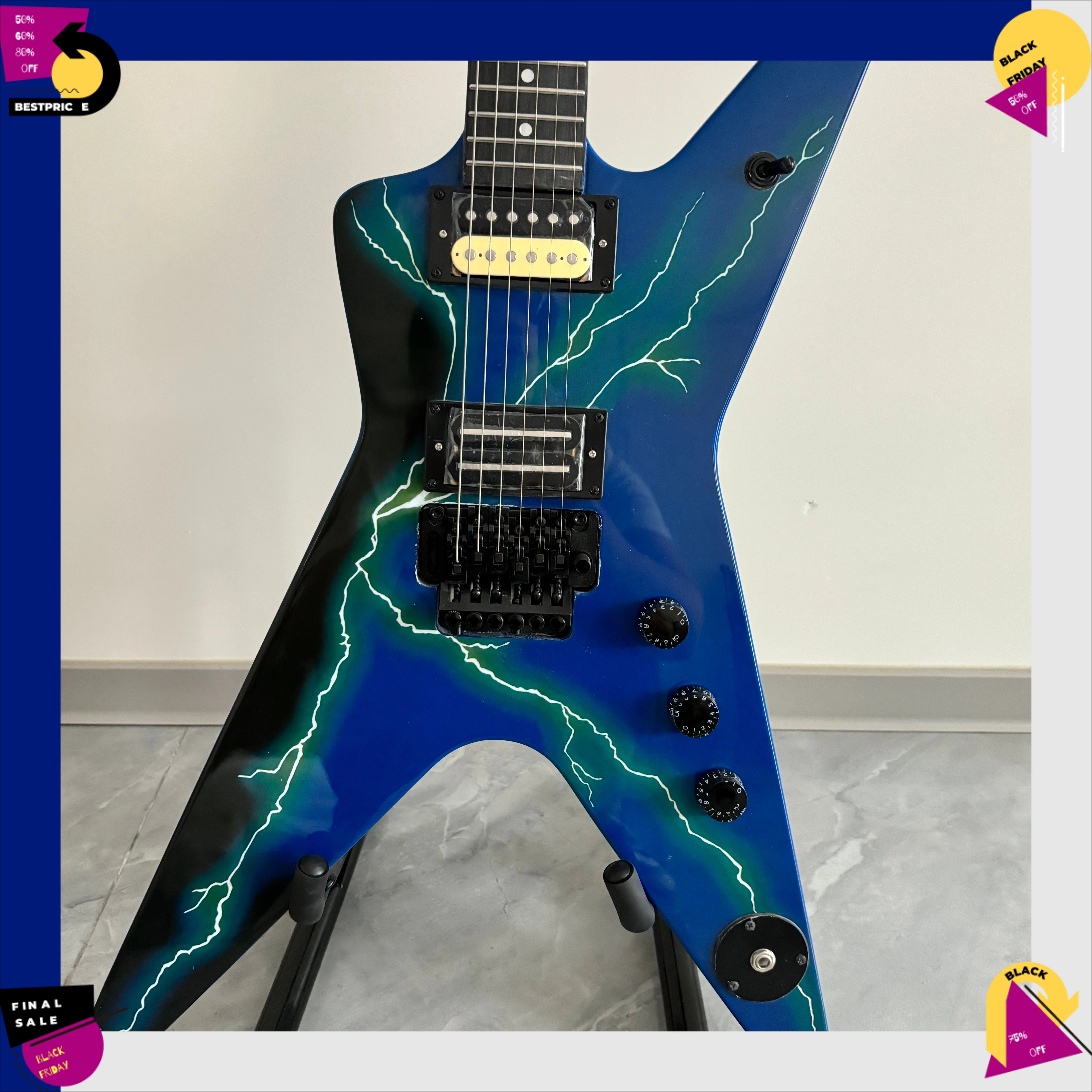 Electric Guitar Classic Metal Alien Sharp Blue-Black Lightning Finish Solid Mahogany Body HH Pickups Double-Locking Tremolo