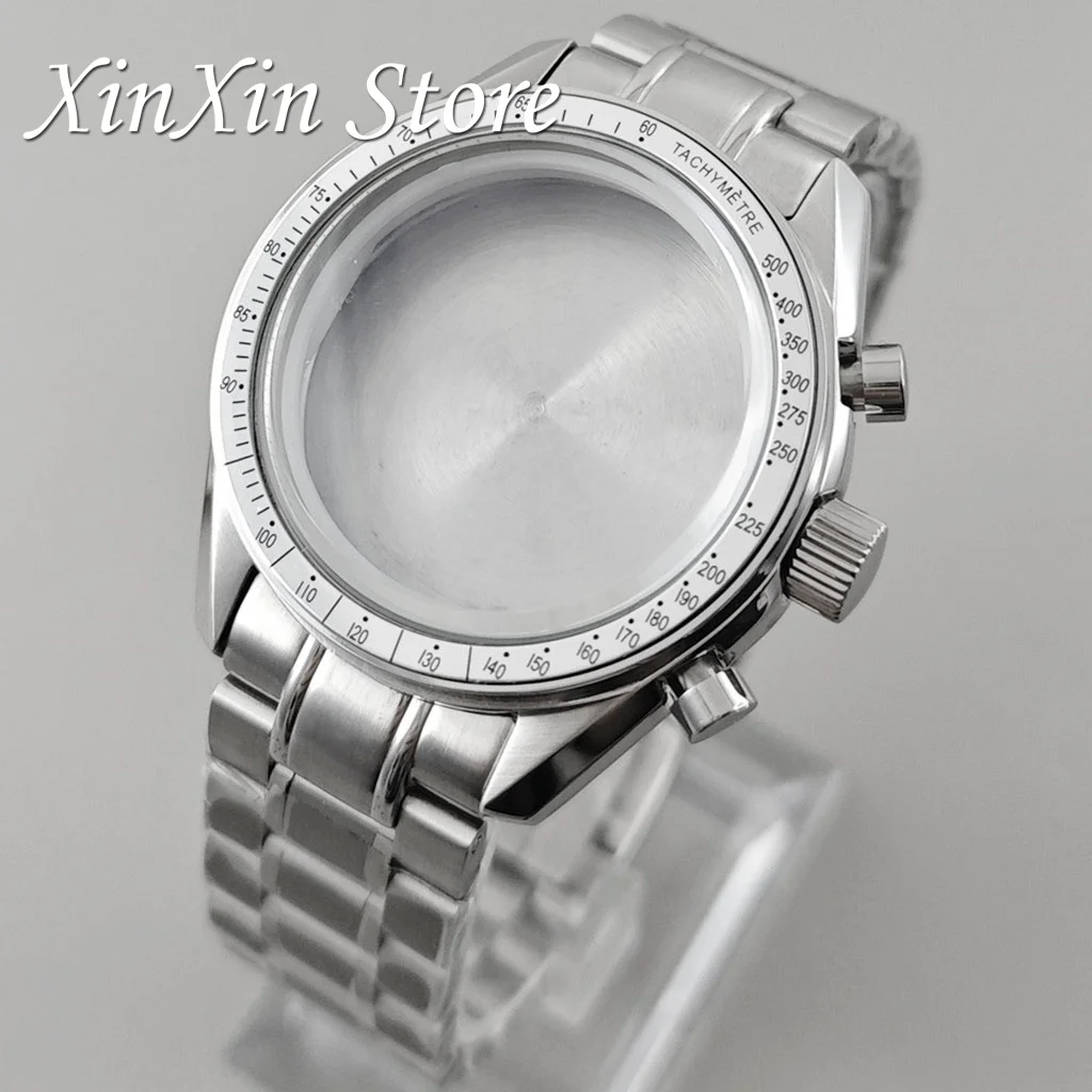 39,7mm Silberne Lünette VK63 Speedmaster Gehäuse Passend für Omga VK64 VK63 Quarzwerk Geeignet für 20mm Stahlband Gehäuse für 32,5mm Zifferblatt