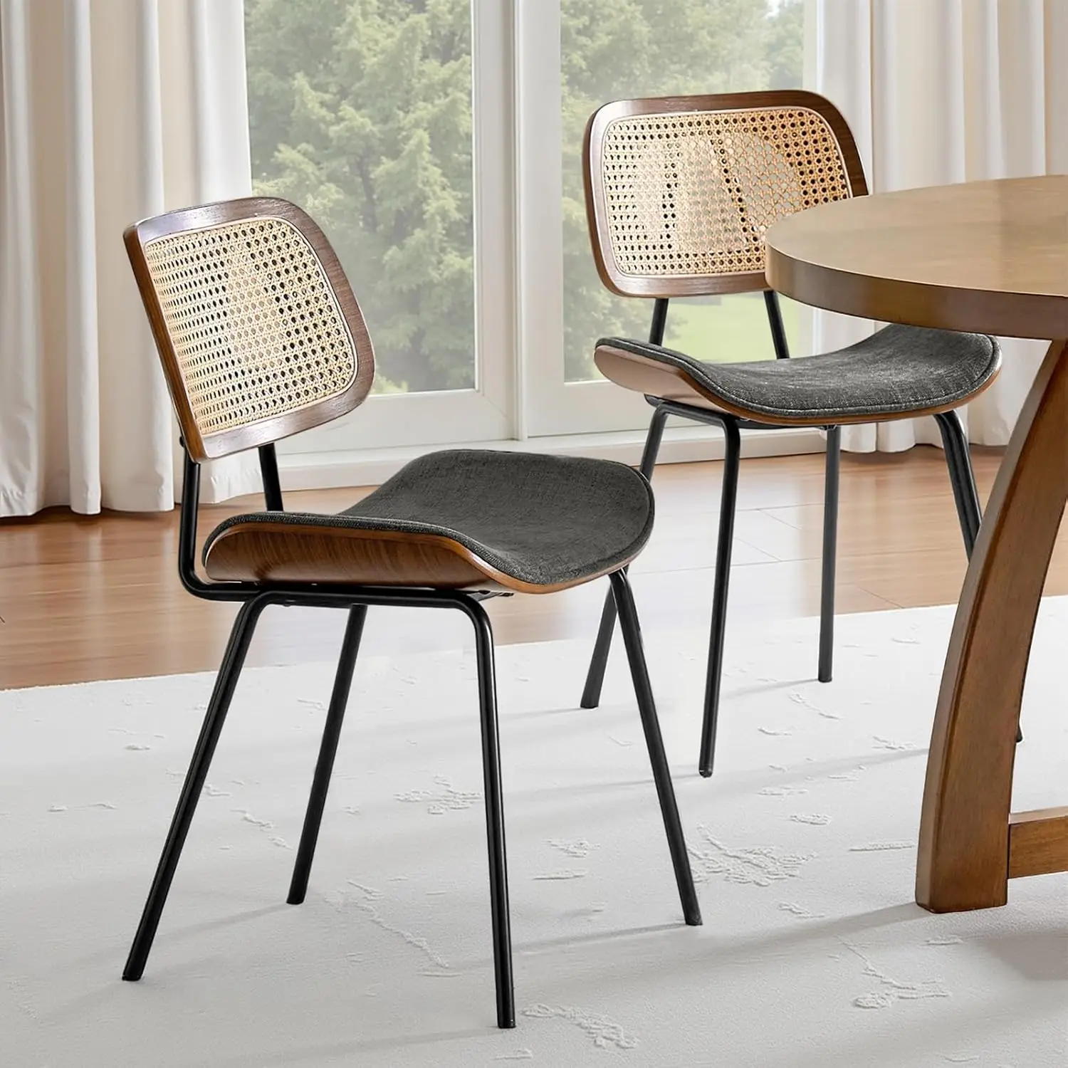 

Rattan Dining Chairs Set 2, Upholstered Square Woven Backrest Metal Legs Kitchen Living Room Cafe, Customized