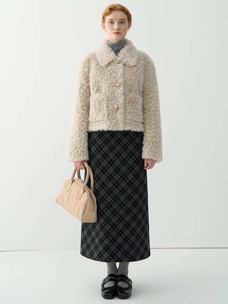 American Retro Plaid Woolen A-Line  Skirt Women's Midi Skirt Slimming High Waist Wool Polyester Blend Casual Skirt