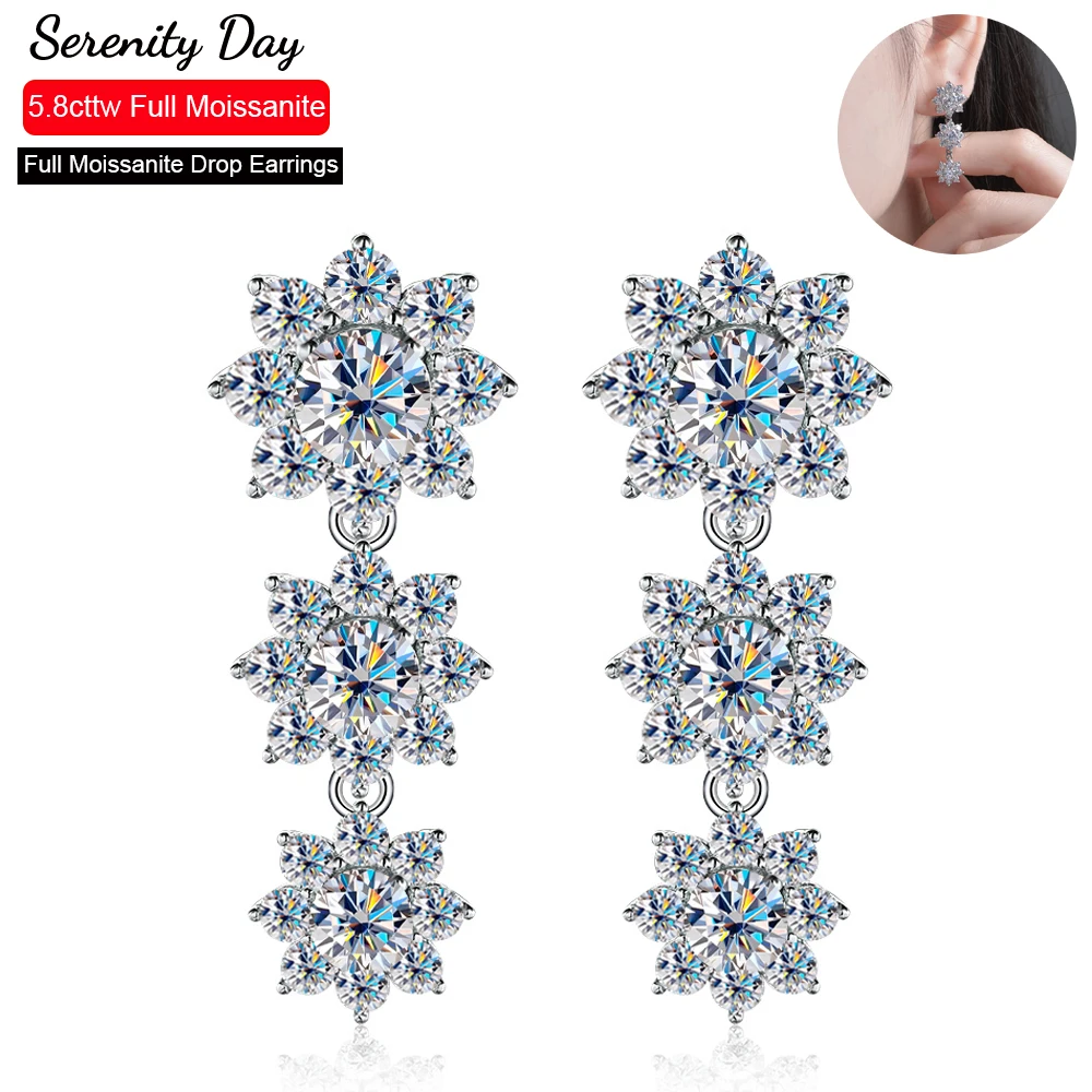 Serenity 5.88cttw Real D Color Sunflower Full Moissanite Drop Earrings For Women Wedding S925 Sterling Silver Stud Fine Jewelry