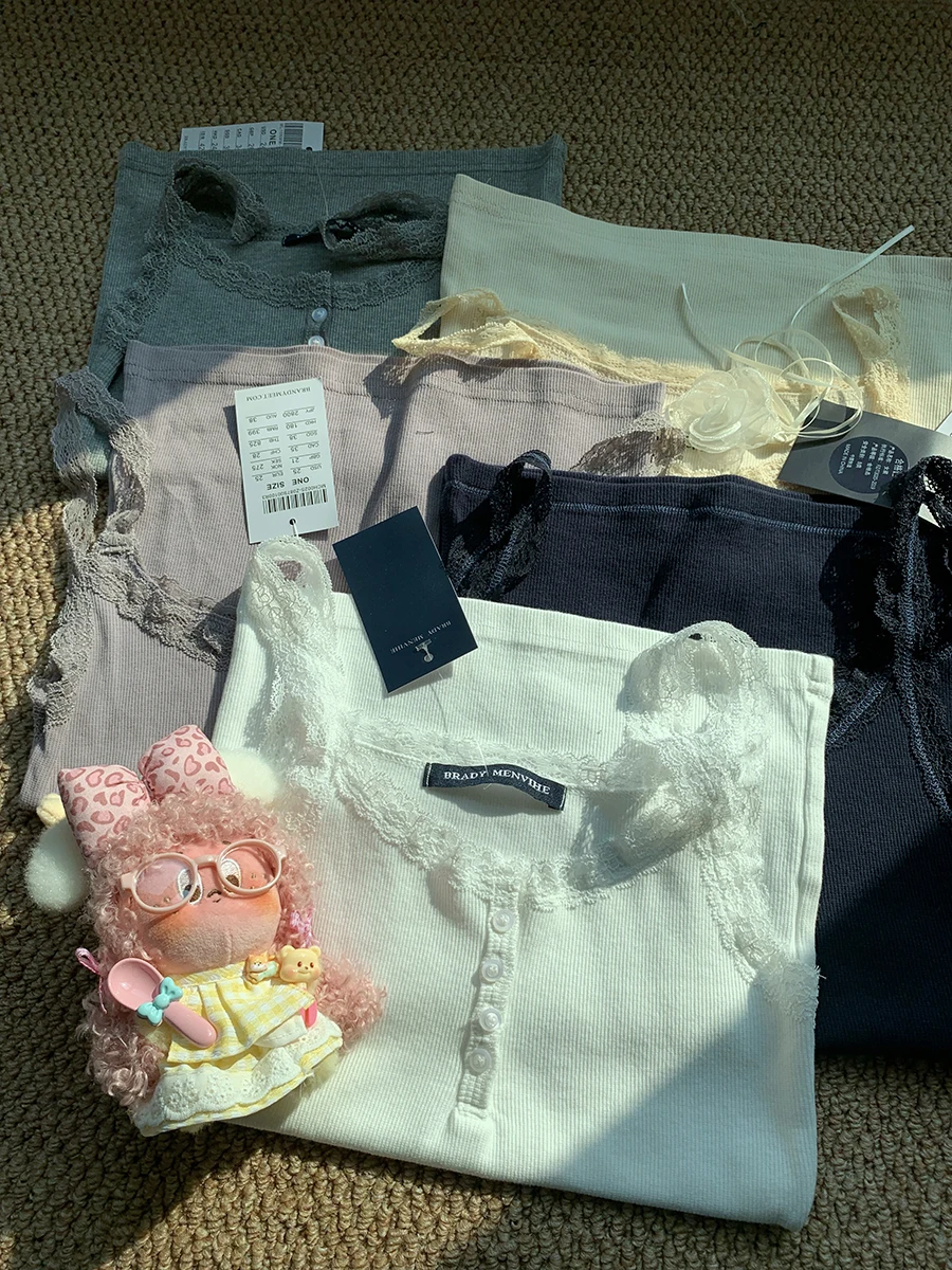 Spitze Trim Lila Schlank Tank Tops Frauen Sommer Vier Tasten Baumwolle Leibchen Weibliche Casual Süße Alle-spiel Grundlegende gerippte Camis Neue – Detail 3