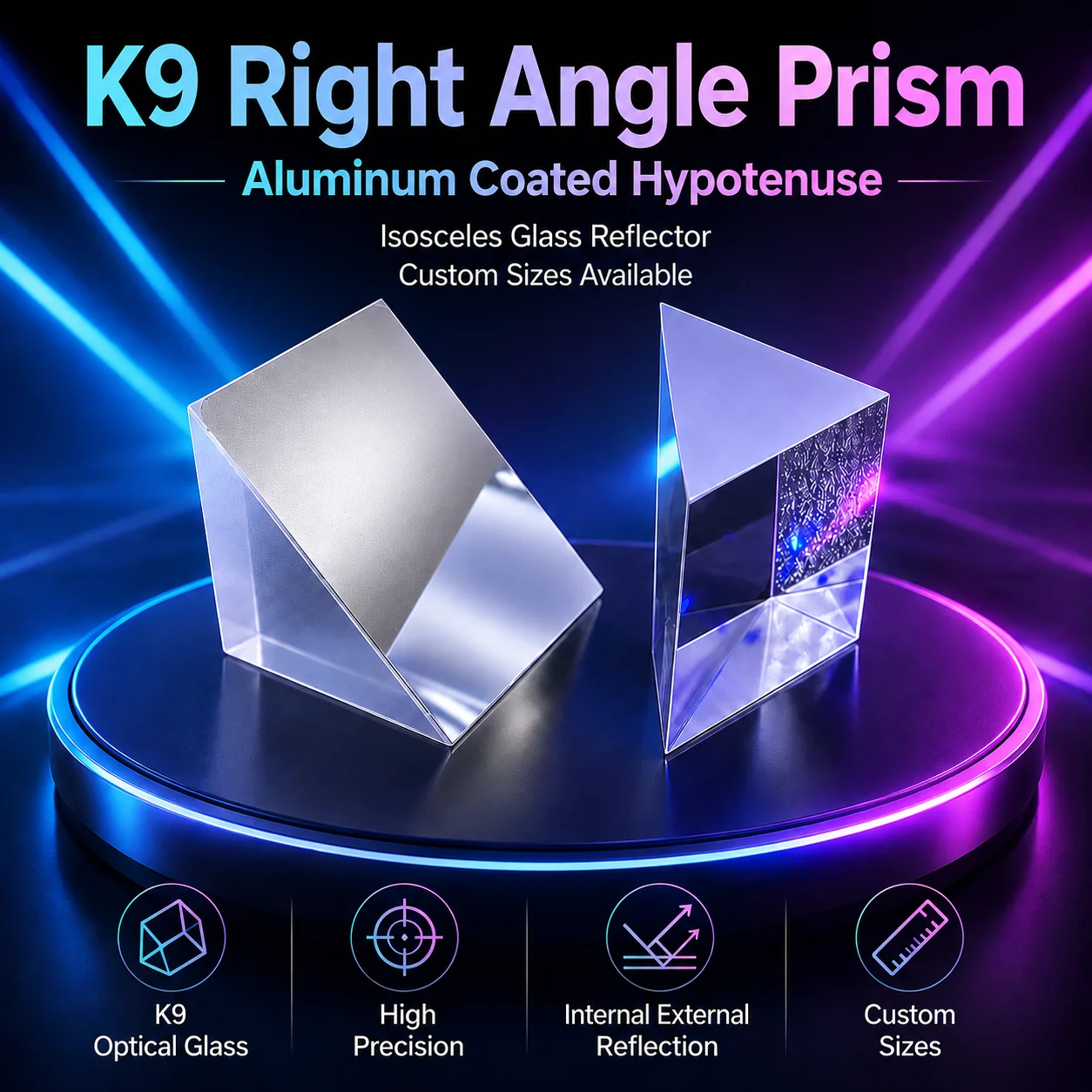 K9 Optical Right Angle Prism with Aluminum Coated Hypotenuse Isosceles Glass Reflector for Imaging and Precision Optical Systems