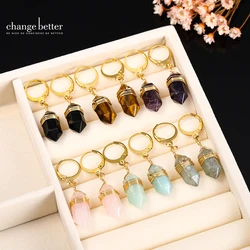 Change Better Natural Black Agate Pink Quartz Tiger Eye Stone Hexagon Dangle Earrings Women Reiki Healing Crystal Hoop Earring