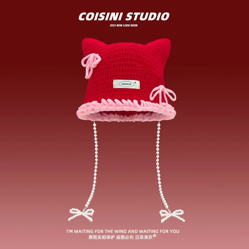 

Niche Sweet Bow Cat Ears Pearl Chain Handwoven Knitted Hat Women's Autumn and Winter Cute Y2k Color Matching Skull Beanie Cap