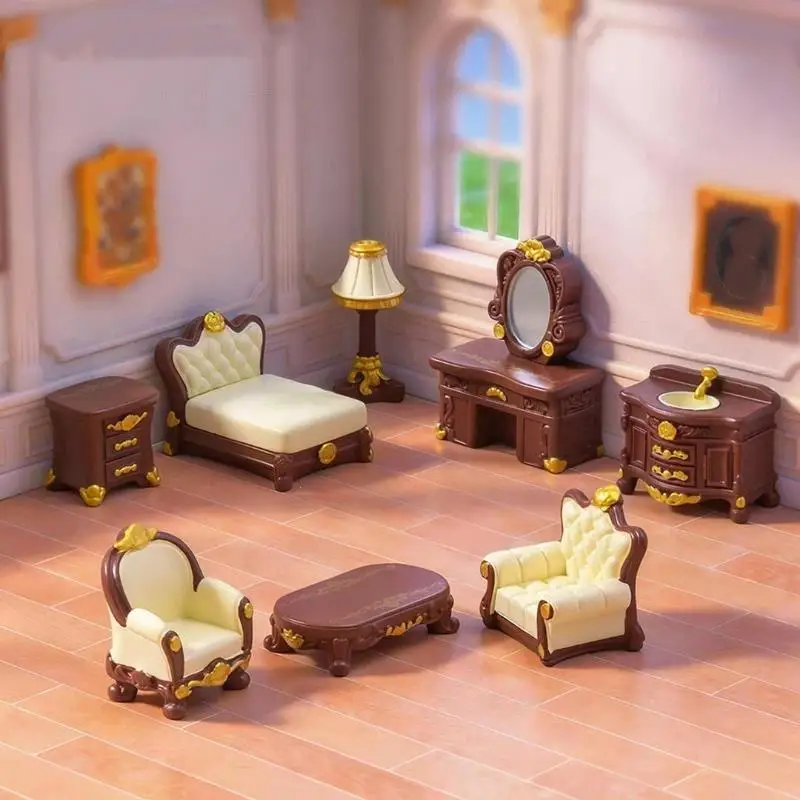 Miniature Retro Dollhouse Furniture: Luxury Golden Details DIY Kids Pretend Play