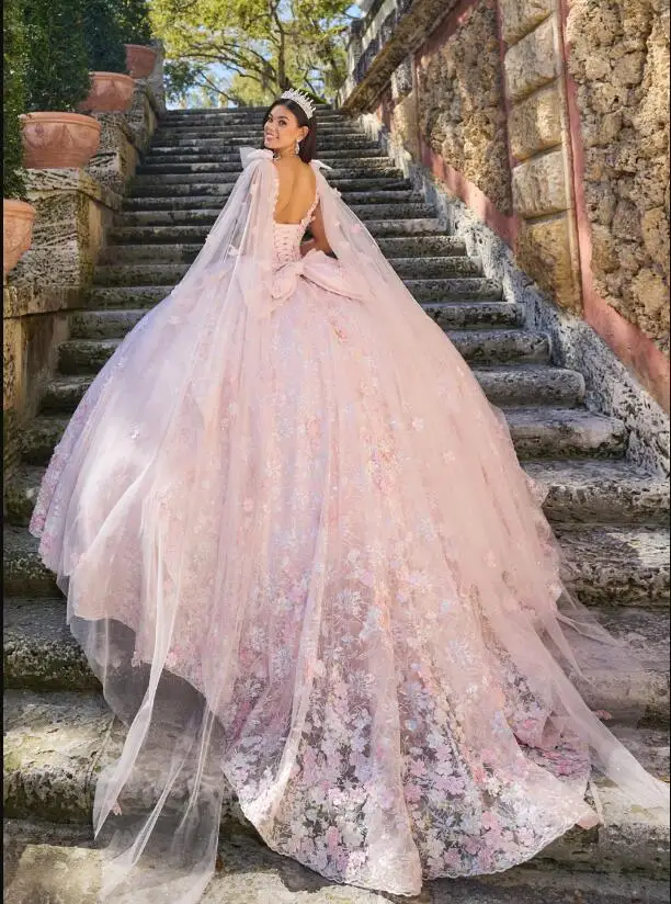 Vestidos de quinceañera con capa, corsé con cordones, cola de la capilla, dulce, 15 años